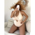 Beige ribbed one-piece swimsuit with halter neck and front cutout designed for plus size fashion use