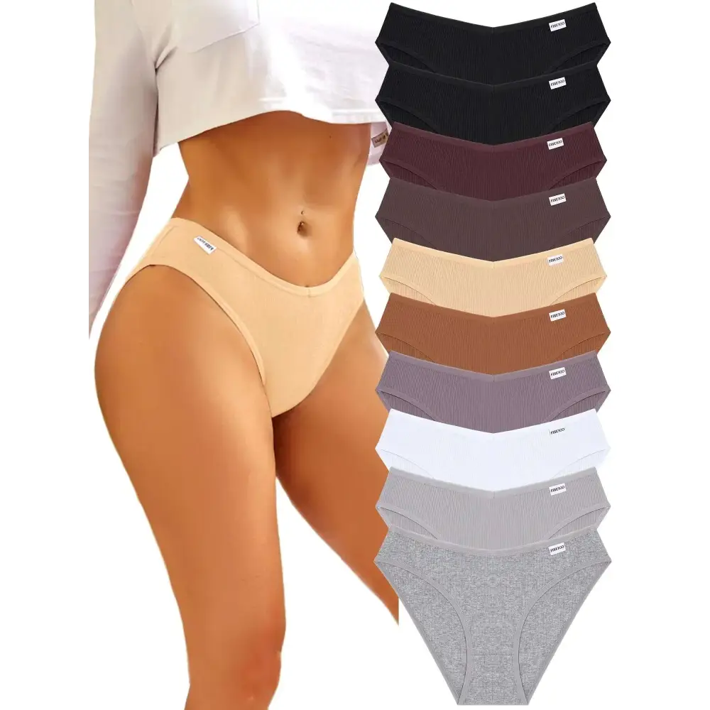 Beige ribbed womens cotton bikini briefs with high waist, soft stretchy fabric, and subtle elastic waistband