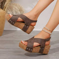 Beige suede rivet wedges snadals with brown suede upper cork soles silver studs and fish mouth design