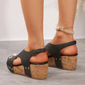 Black leather rivet wedges snadals with cork sole and silver studs for stylish fish mouth shoes look