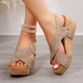 Beige suede rivet wedges snadals with cork soles silver studs and fish mouth design for stylish comfort