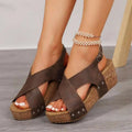 Beige suede rivet wedges snadals with brown suede upper cork sole silver studs and fish mouth design
