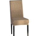 Beige textured universal chair cover on a chair with black metal legs showing fabric texture and fit