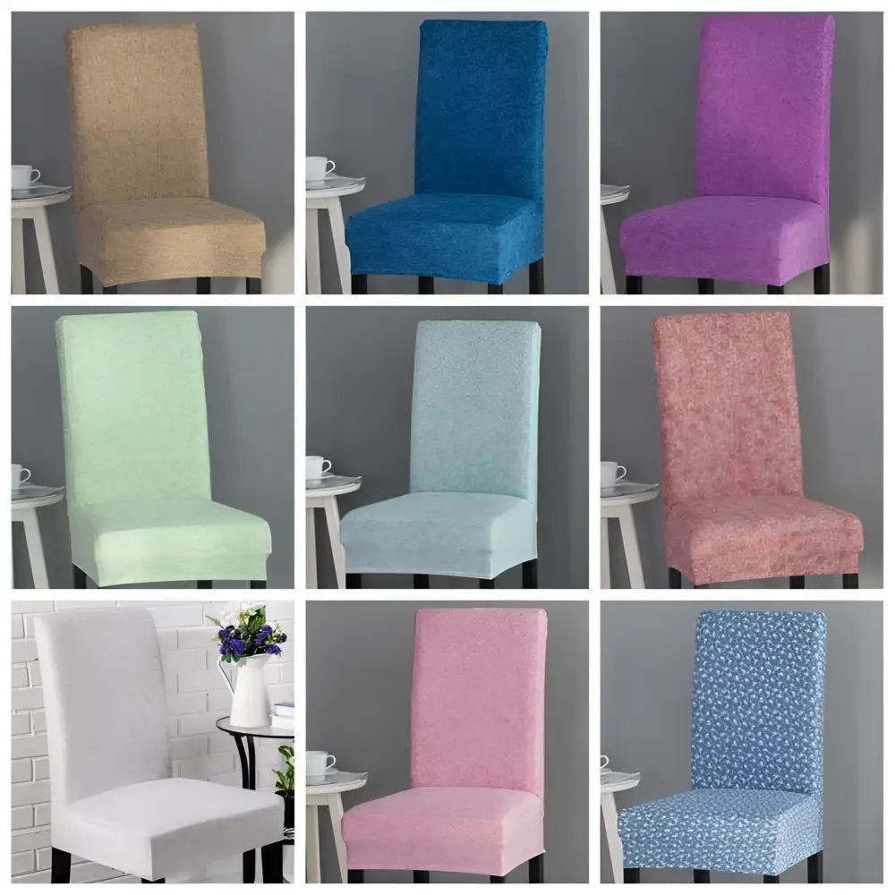 A beige textured universal chair cover among stretchy multicolor textured universal chair covers with black metal legs