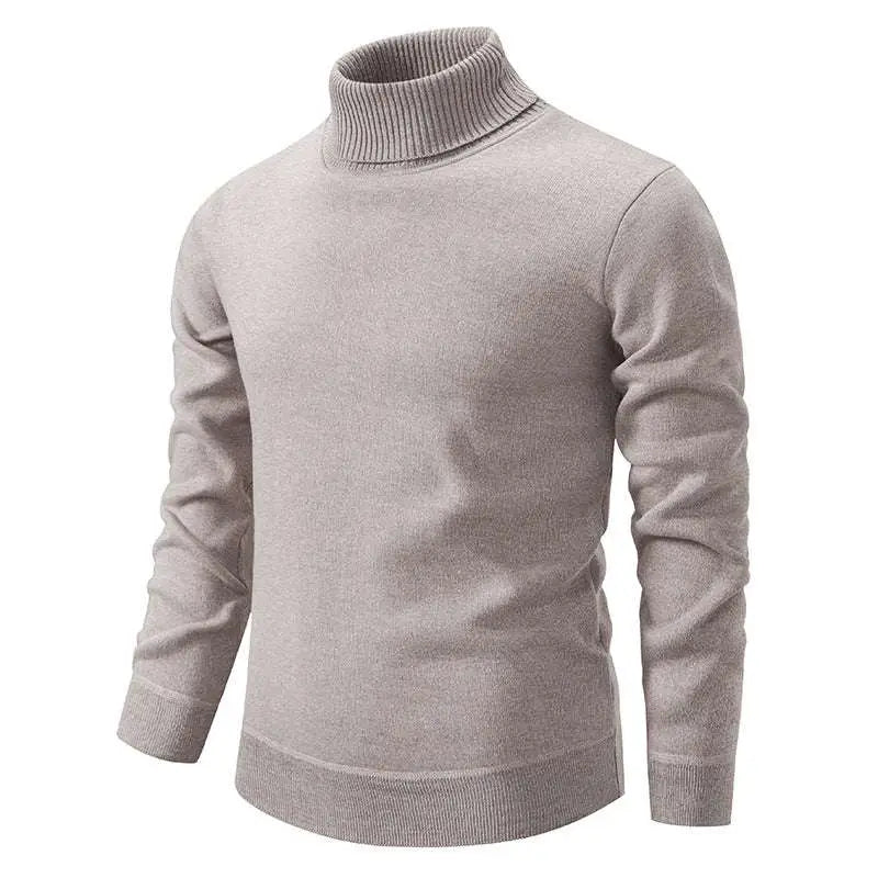 Beige turtleneck pullover sweater with ribbed cuffs featuring a sleek light gray fabric and ribbed collar and cuffs