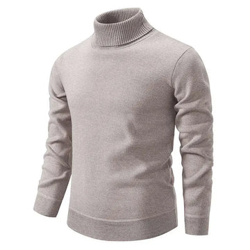 Beige turtleneck pullover sweater with ribbed cuffs featuring a sleek light gray fabric and ribbed collar and cuffs