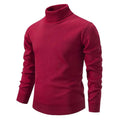 A rich burgundy turtleneck pullover sweater with ribbed cuffs collar and hem contrasting beige style
