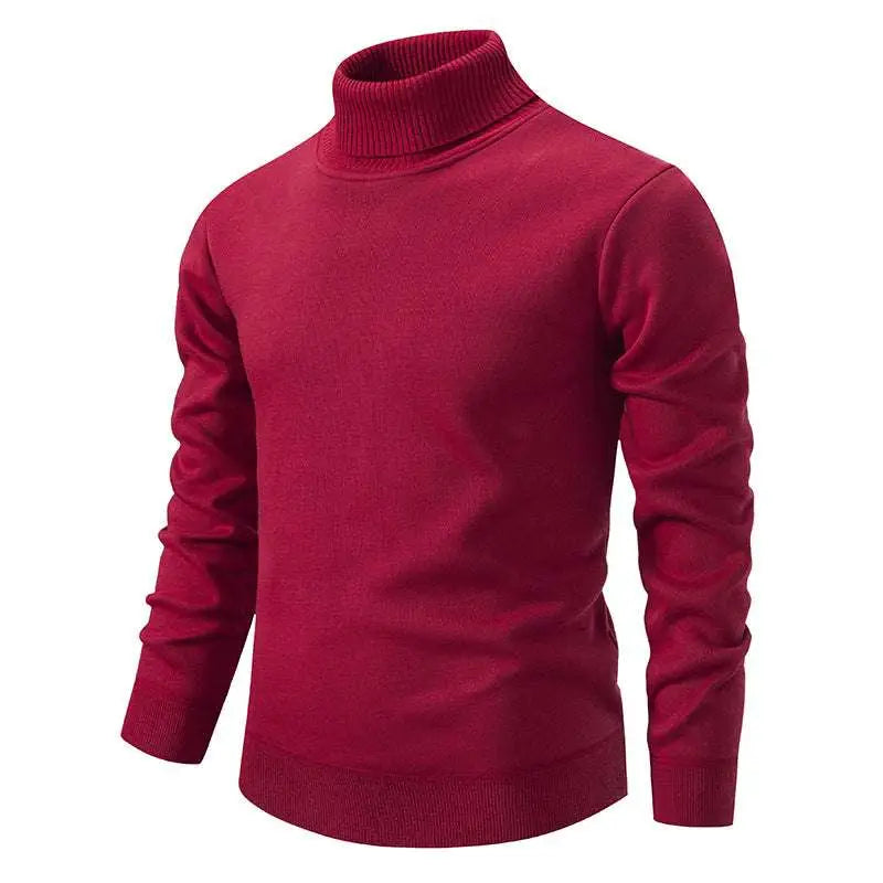 A rich burgundy turtleneck pullover sweater with ribbed cuffs collar and hem contrasting beige style