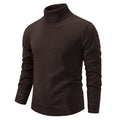 Dark brown turtleneck pullover sweater with ribbed cuffs and hem featuring a beige turtleneck pullover design
