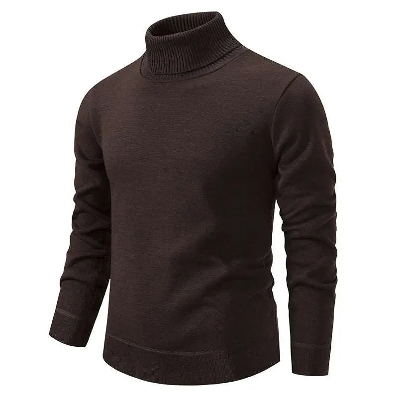 Dark brown turtleneck pullover sweater with ribbed cuffs and hem featuring a beige turtleneck pullover design
