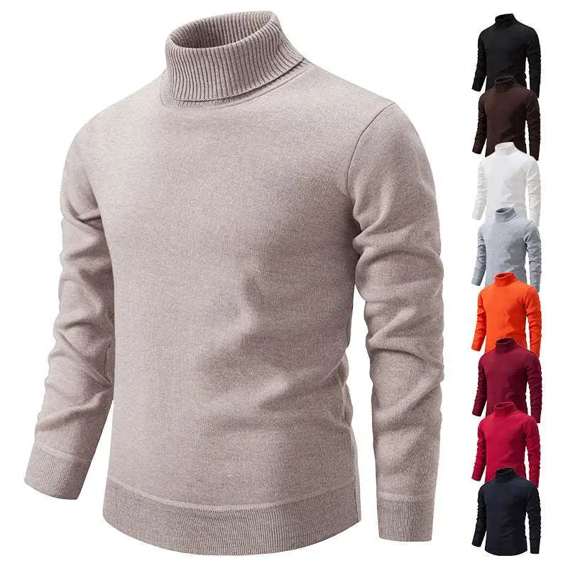 Beige turtleneck pullover sweater with ribbed cuffs and hem made from soft knit fabric for comfortable wear