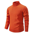 A vibrant orange turtleneck pullover sweater with ribbed cuffs collar and hem in a beige turtleneck pullover sweater style