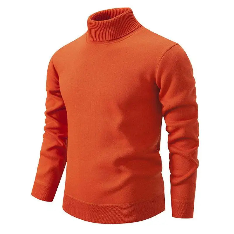 A vibrant orange turtleneck pullover sweater with ribbed cuffs collar and hem in a beige turtleneck pullover sweater style