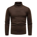 A sleek dark brown turtleneck pullover sweater with ribbed cuffs and fitted silhouette