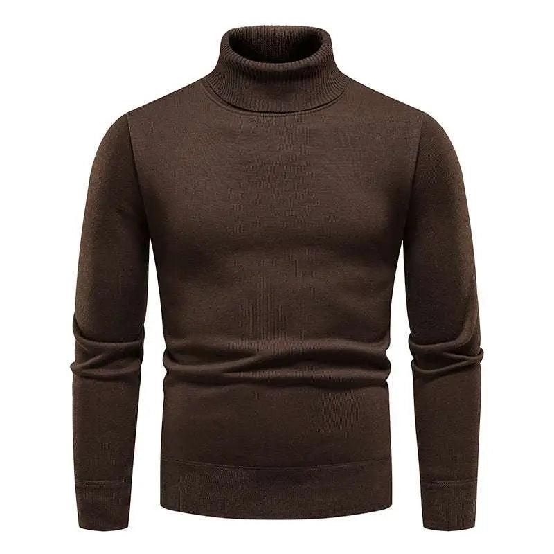 A sleek dark brown turtleneck pullover sweater with ribbed cuffs and fitted silhouette