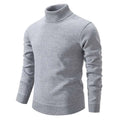 A sleek heather gray turtleneck pullover sweater with ribbed cuffs and collar for a stylish beige turtleneck pullover look