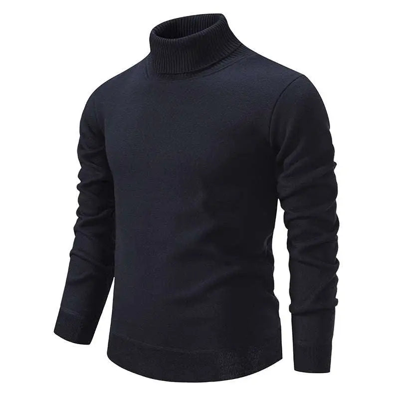 Black turtleneck pullover sweater with ribbed cuffs and hem for a sleek and cozy layering option