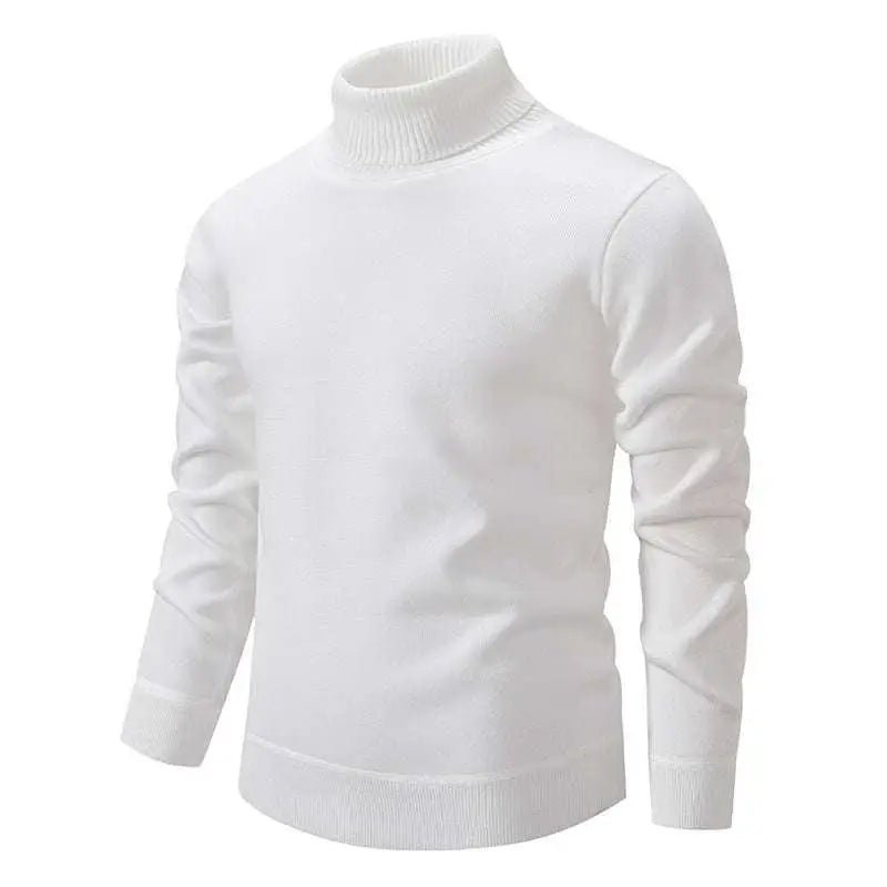 White turtleneck pullover sweater with ribbed cuffs and hem for a cozy and stylish winter look