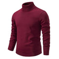 Maroon turtleneck pullover sweater with ribbed collar cuffs and hem for a stylish warm layering option