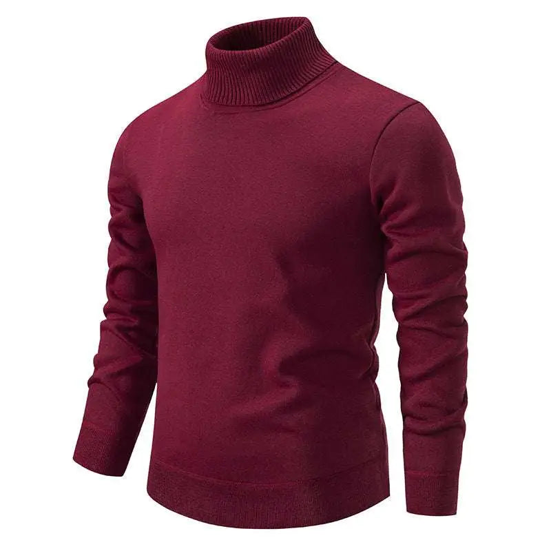Maroon turtleneck pullover sweater with ribbed collar cuffs and hem for a stylish warm layering option