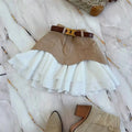 Beige two tone waist tiered skirt with structured suede-like top and flowing layered ruffled high waist hem
