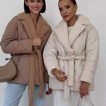 Beige winter lapel plaid coat with quilted design and shearling lining featuring a matching belt for warmth and style