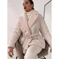 A cozy blush-pink quilted design coat with plush shearling collar and matching belt in beige winter lapel style