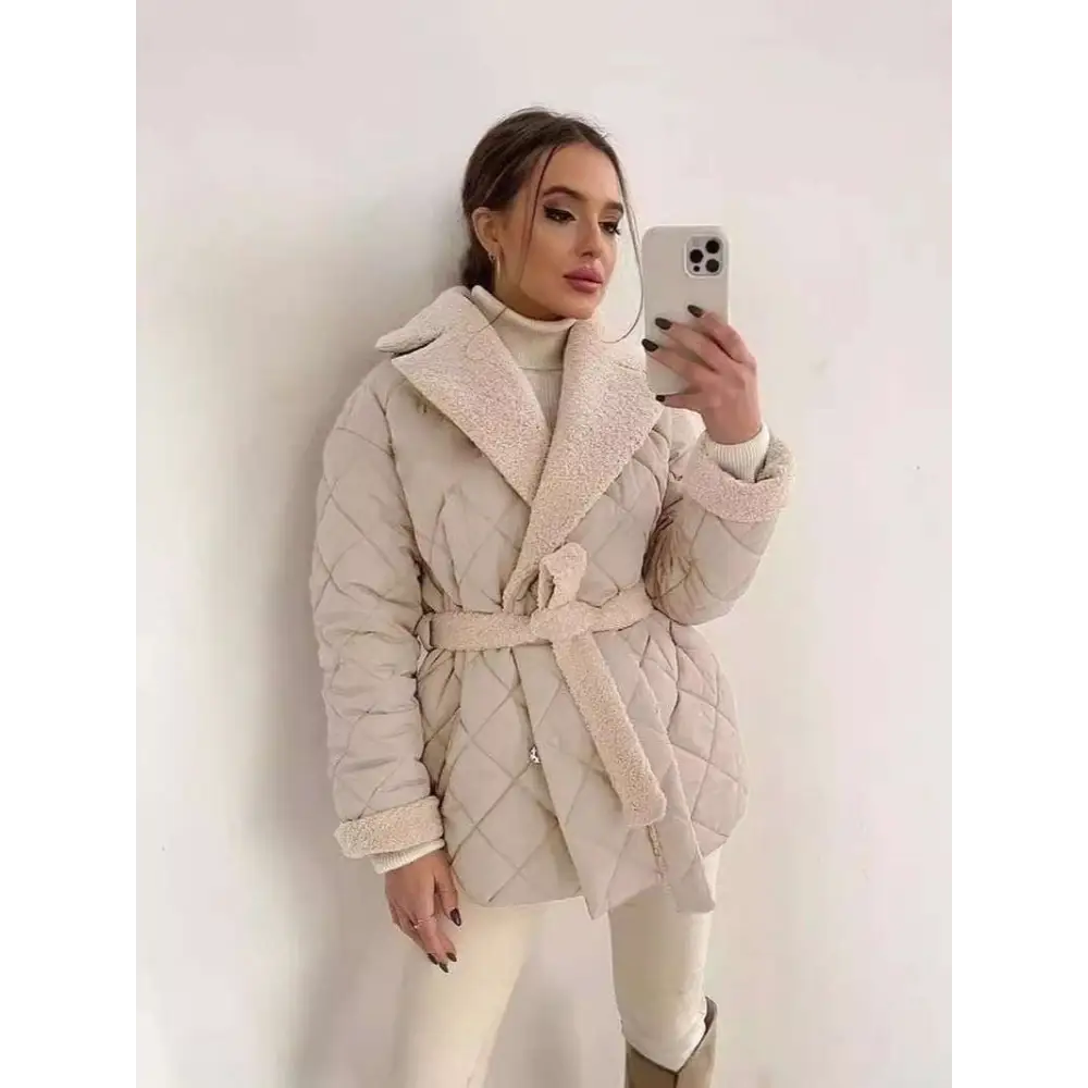 Beige winter lapel plaid coat with quilted design featuring a plush shearling collar and matching belt
