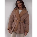 Beige winter lapel plaid coat with quilted design and plush tan shearling collar and cuffs with belt