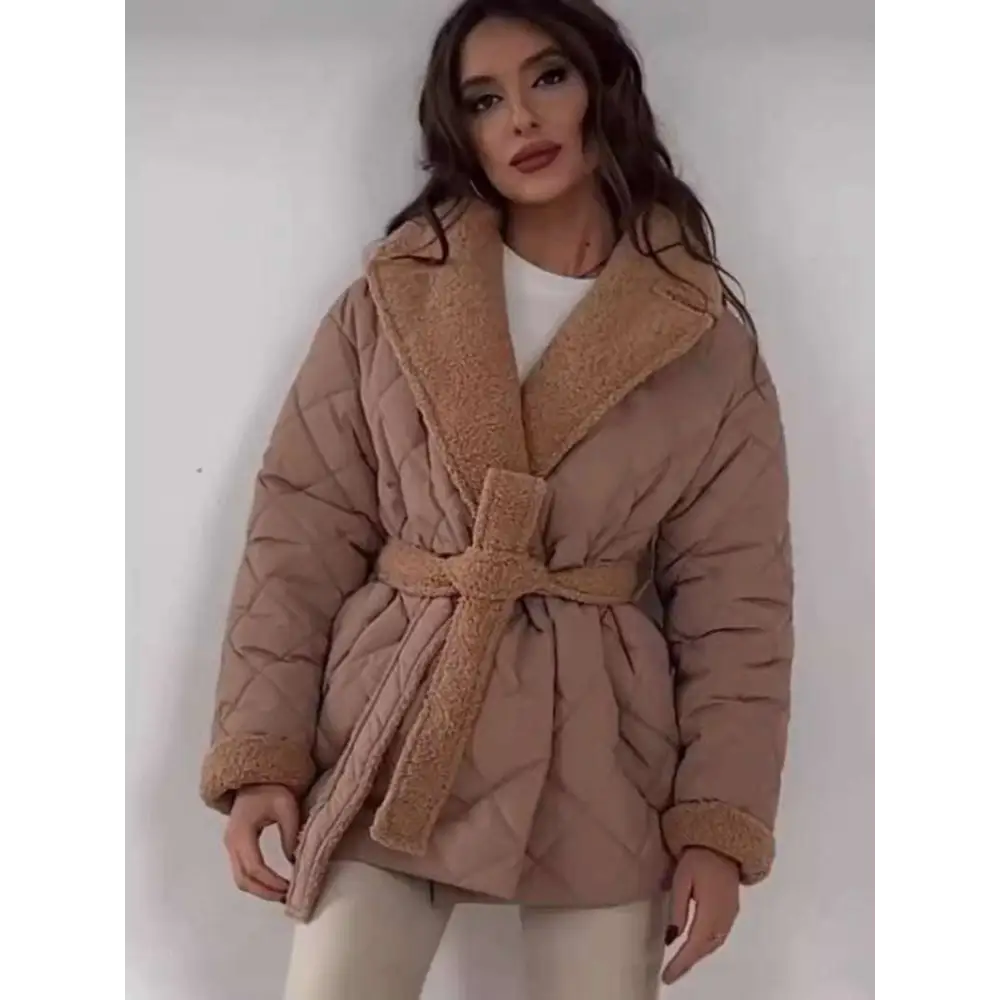 Beige winter lapel plaid coat with quilted design and plush tan shearling collar and cuffs with belt