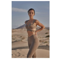 Beige yoga pants and sport coat fitness set featuring a structured bra top and high-waisted leggings for workout