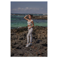 White athletic two-piece set with cut-out design and seamless leggings paired with beige yoga pants and sport coat fitness set