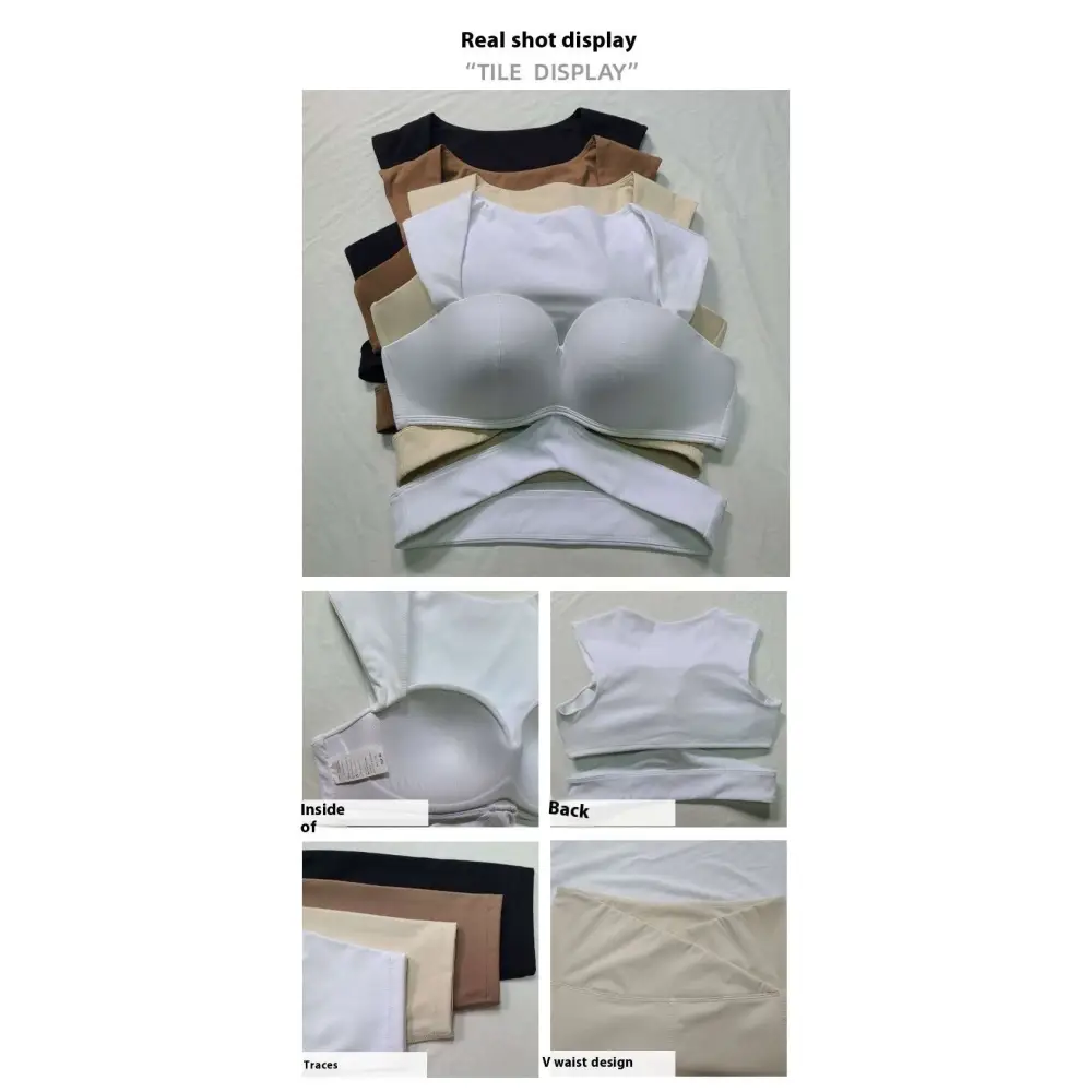 White seamless push-up bra with v-waist design and adjustable straps paired with beige yoga pants sport coat fitness set