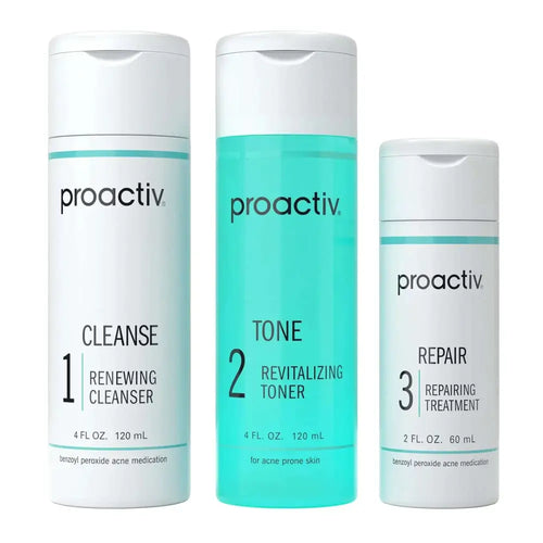 Proactiv benzoyl peroxide 3 step acne treatment kit with white and teal bottles for cleansing, toning, and repair