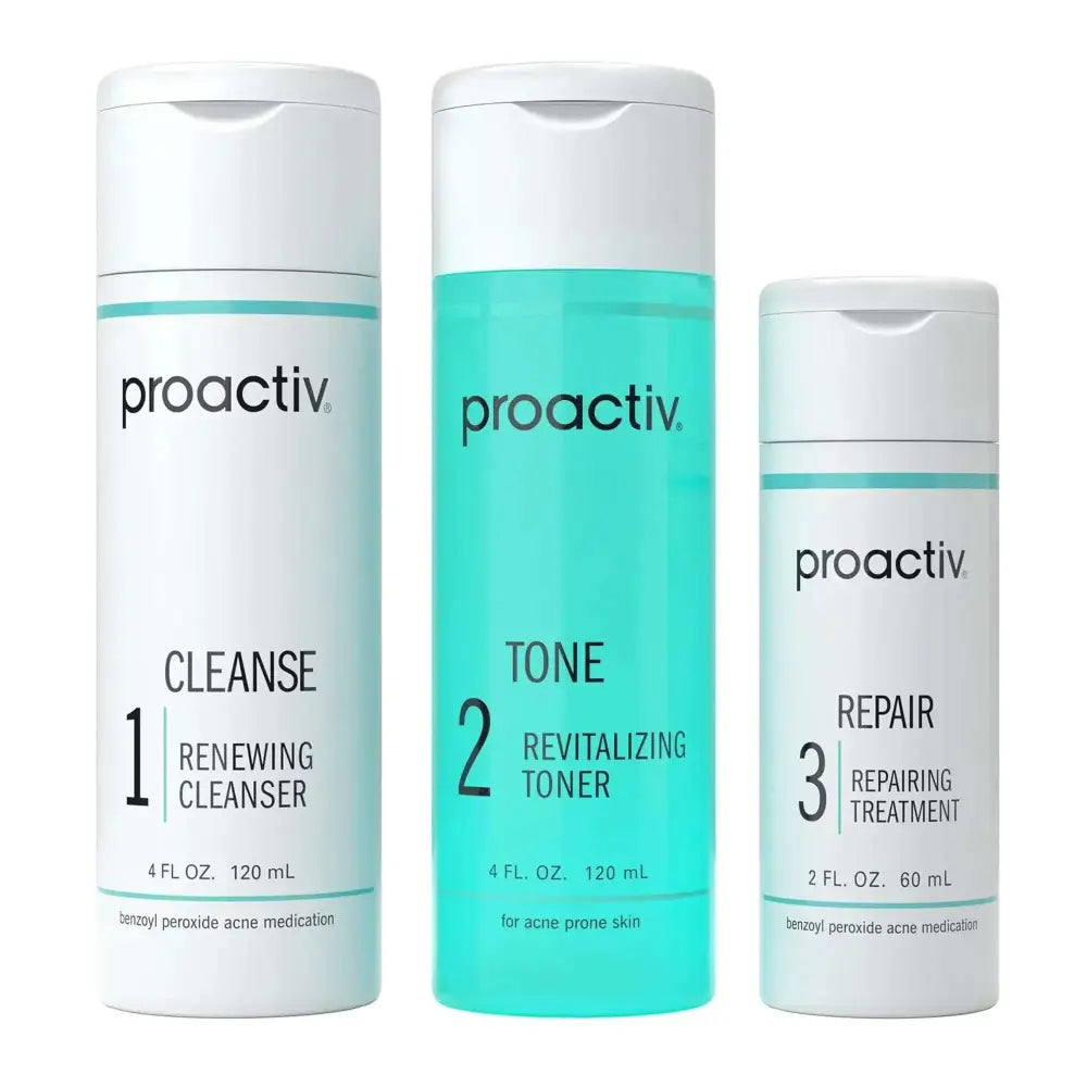 Proactiv benzoyl peroxide 3 step acne treatment kit with white and teal cleanse toner and repair bottles