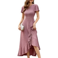 BeryLove women sequin formal dress in shimmering mauve with ruffled sleeves and high low hemline for wedding guests