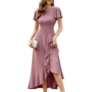 BeryLove women sequin formal dress in shimmering mauve with ruffled sleeves and high low hemline for wedding guests