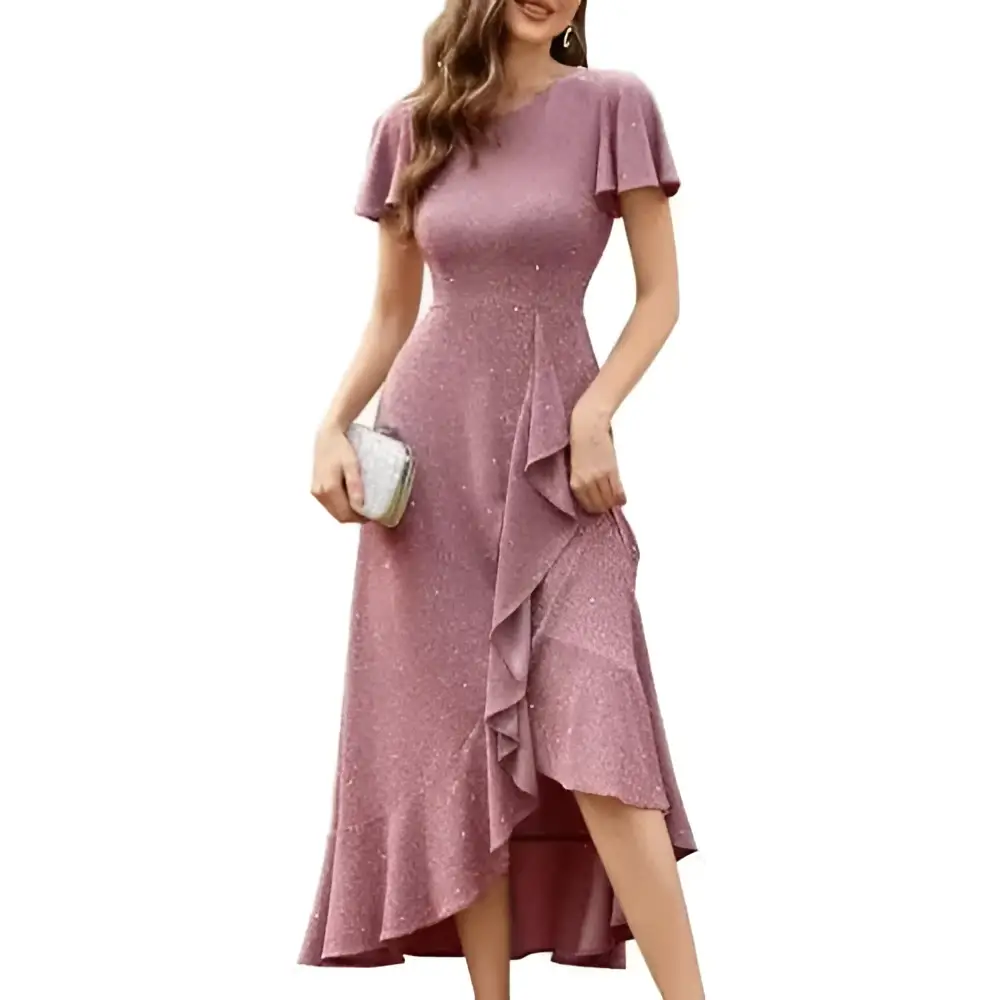BeryLove women sequin formal dress in shimmering mauve with ruffled sleeves and high low hemline for wedding guests