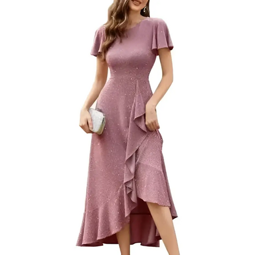Berylove women sequin mauve dress with ruffled sleeves and high-low hemline for formal wedding guest occasions