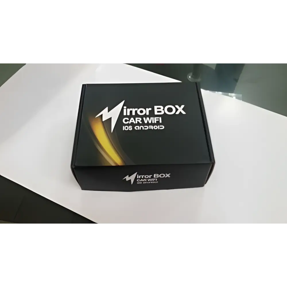 Black rectangular best seller car mirror link box with antenna featuring white branding and yellow-orange lightning bolt logo for screen mirroring