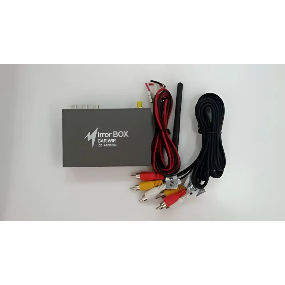 Gray rectangular best seller car mirror link box with antenna showing multiple input and output ports for screen mirroring