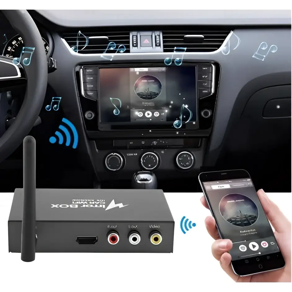 Black rectangular best seller car mirror link box with antenna showing back side with multiple input output ports