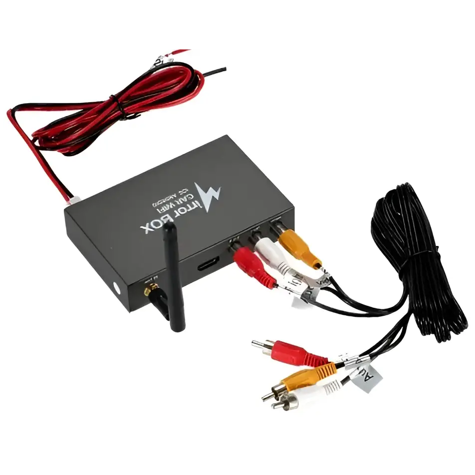 Black rectangular seller car mirror link box with antenna and colored rca cables for screen mirroring use