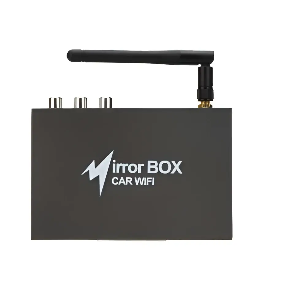 Black rectangular best seller car mirror link box with antenna showing back side and silver wifi ports for screen mirroring
