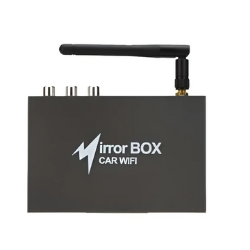 Black rectangular best seller car mirror link box with antenna showing back side and silver wifi ports for screen mirroring