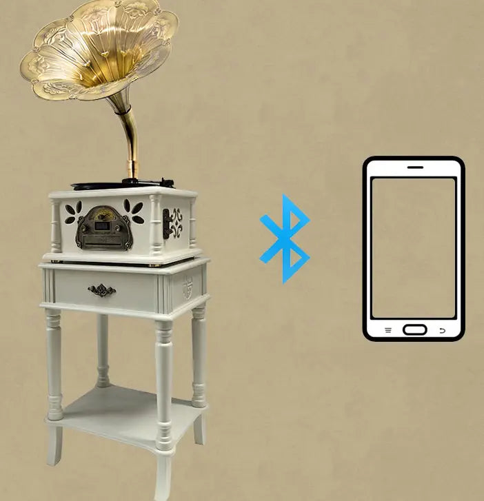 Vintage white gramophone with ornate gold-colored horn and decorative carvings ideal for classical living room or room tea stereo settings.