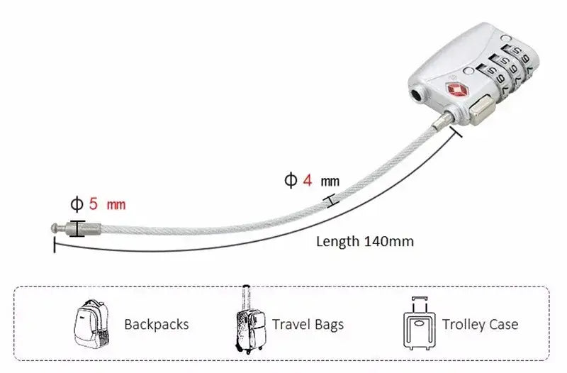 White TSA approved suitcase travel cable lock with silver-colored steel cable designed for securing backpacks travel bags and trolley cases.