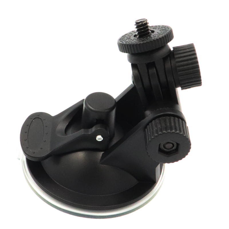 Black plastic adjustable sports camera suction cup mount with knobs and threaded mounting screw for secure attachment