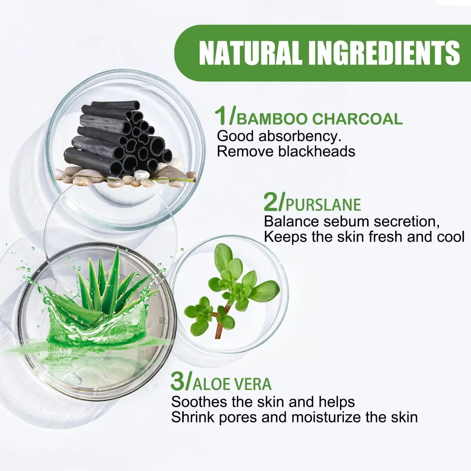 The image shows bamboo charcoal, purslane, and aloe vera in clear glass bowls as natural ingredients for a bamboo charcoal blackhead removal peel-off mask.