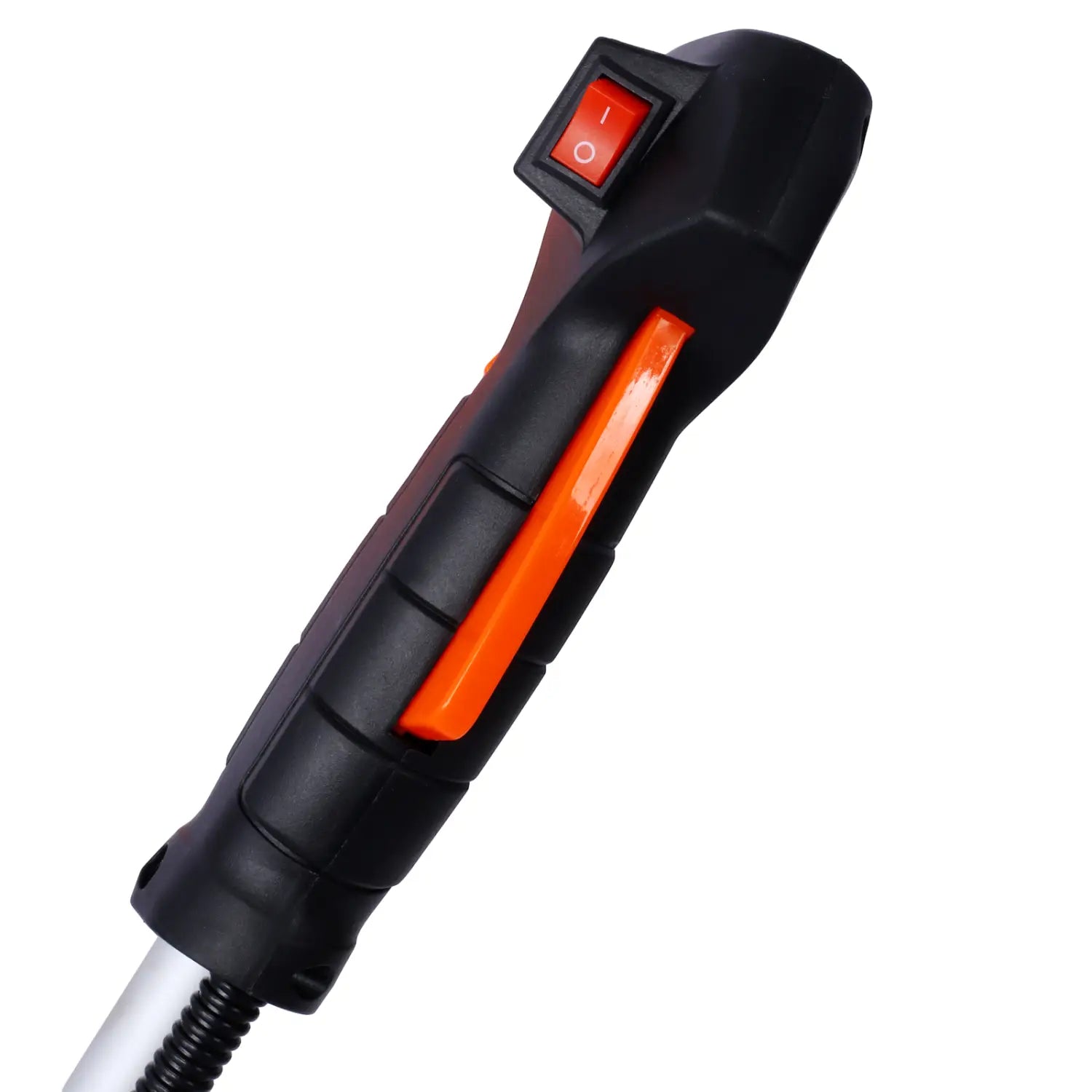 Black and orange ergonomic handle with red power switch designed for grip and control on gas powered plastic pruning tools with adjustable handle.